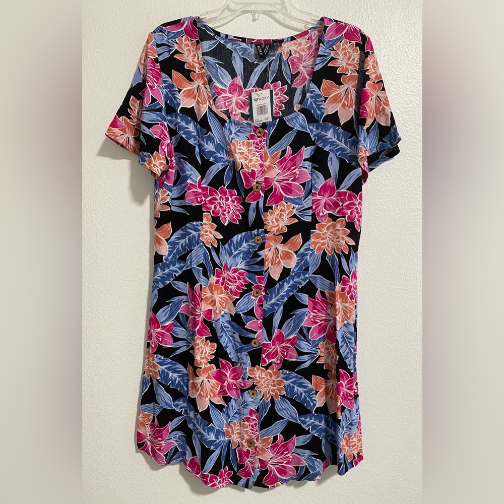 Roxy Pink & Blue Floral Dress 100% Viscose sz Large/XL NWT